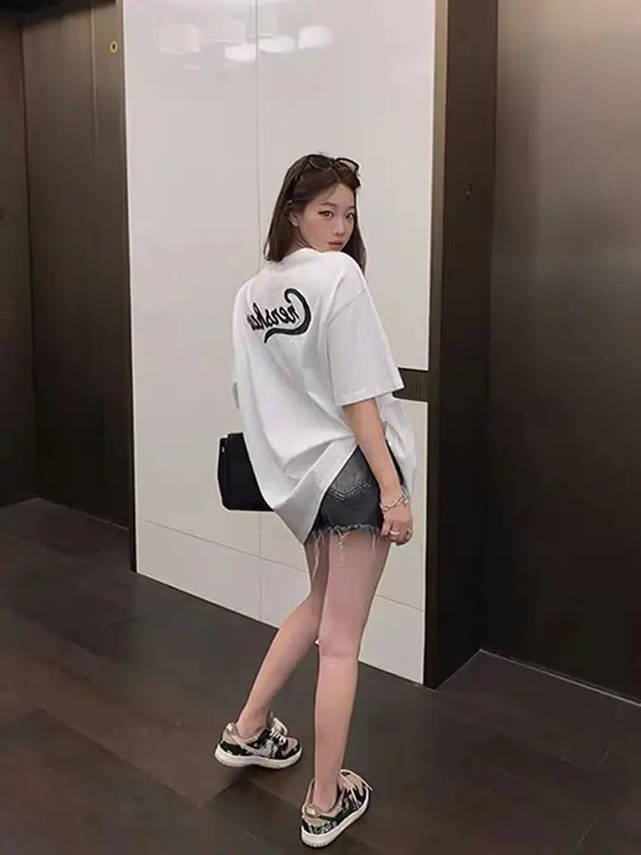 Pure Cotton Korean Style Loose Women's Clothing Fashion Wear Short Sleeve Top Mid-length Chic Design Sense Letter T-shirt Women's Trendy
