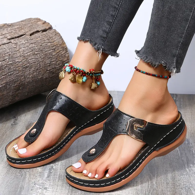 Women's Black Wedge Flip Flops Summer Sandals Large - Image 9