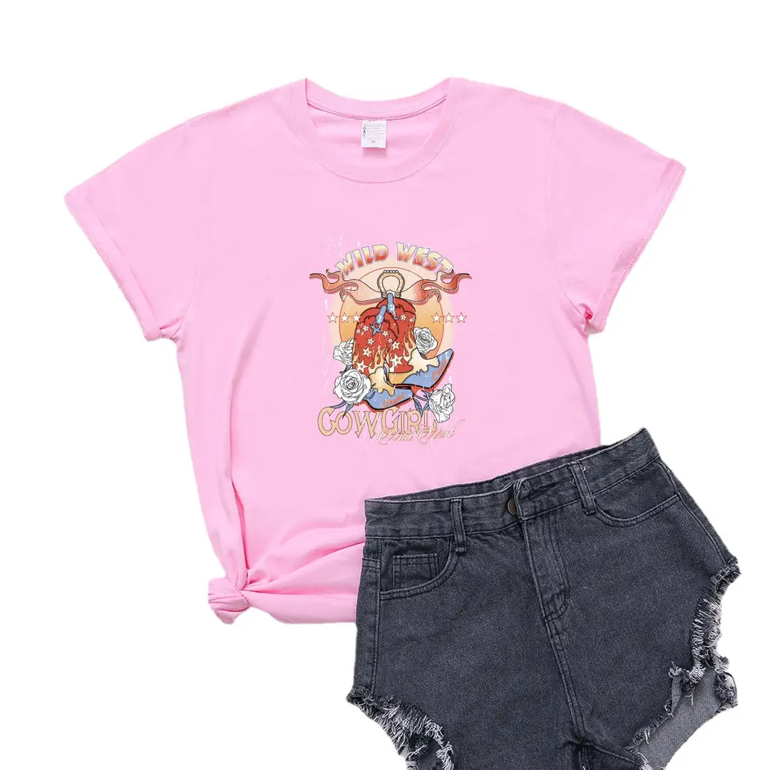 wild west cowgirl European and American wild west Style Women's Casual Large Size T-shirt Women's Short Sleeve Round Neck Top
