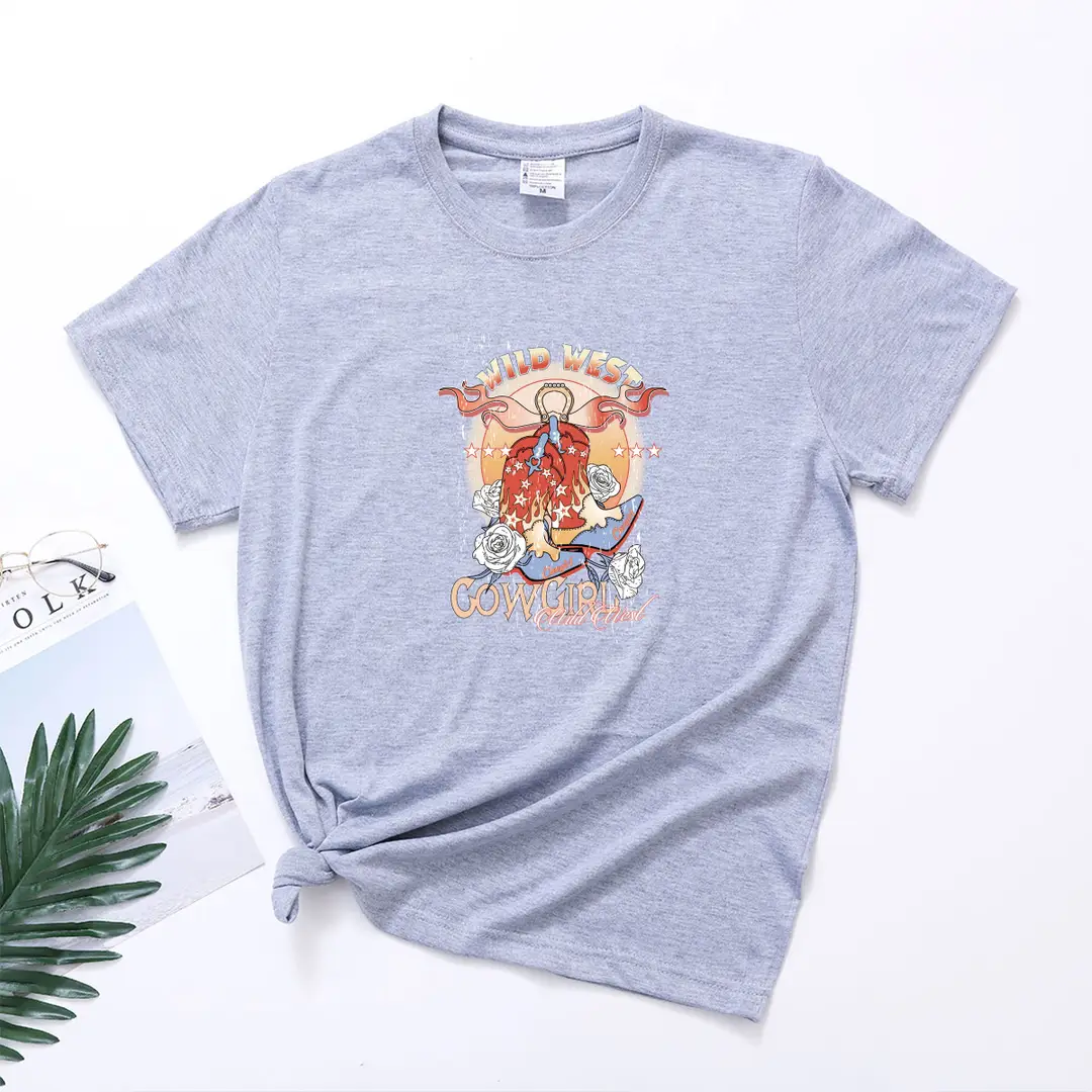 wild west cowgirl European and American wild west Style Women's Casual Large Size T-shirt Women's Short Sleeve Round Neck Top