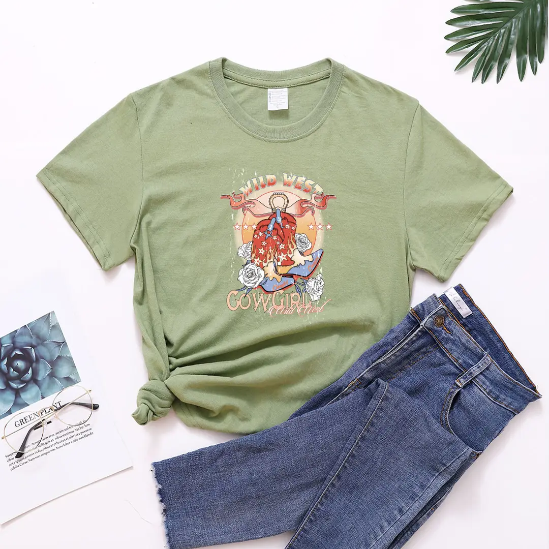 wild west cowgirl European and American wild west Style Women's Casual Large Size T-shirt Women's Short Sleeve Round Neck Top