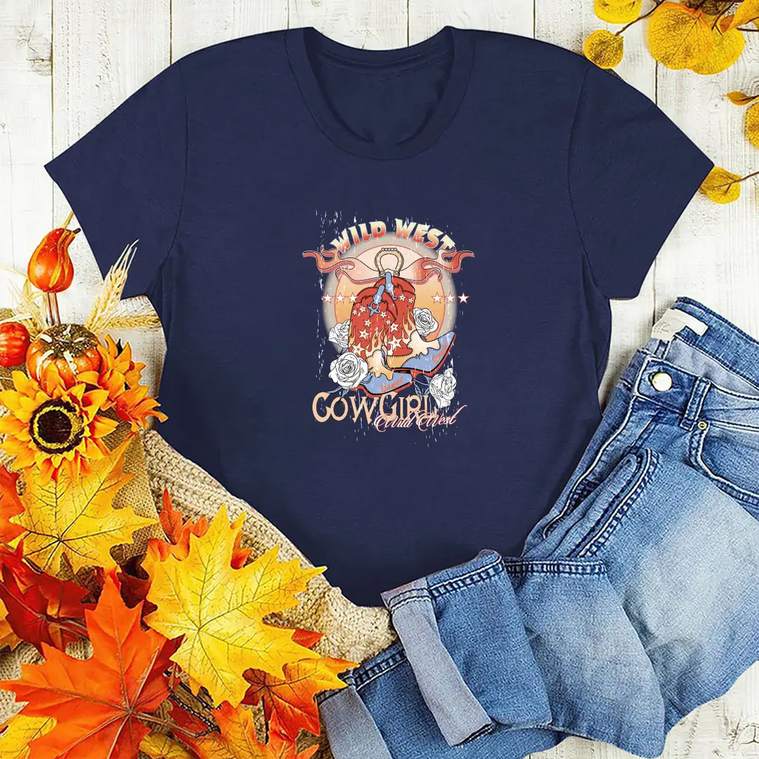 wild west cowgirl European and American wild west Style Women's Casual Large Size T-shirt Women's Short Sleeve Round Neck Top