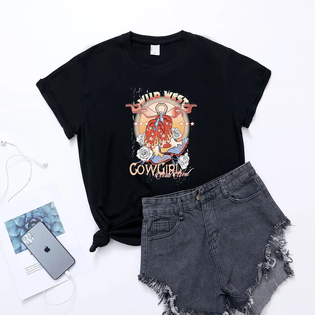 wild west cowgirl European and American wild west Style Women's Casual Large Size T-shirt Women's Short Sleeve Round Neck Top