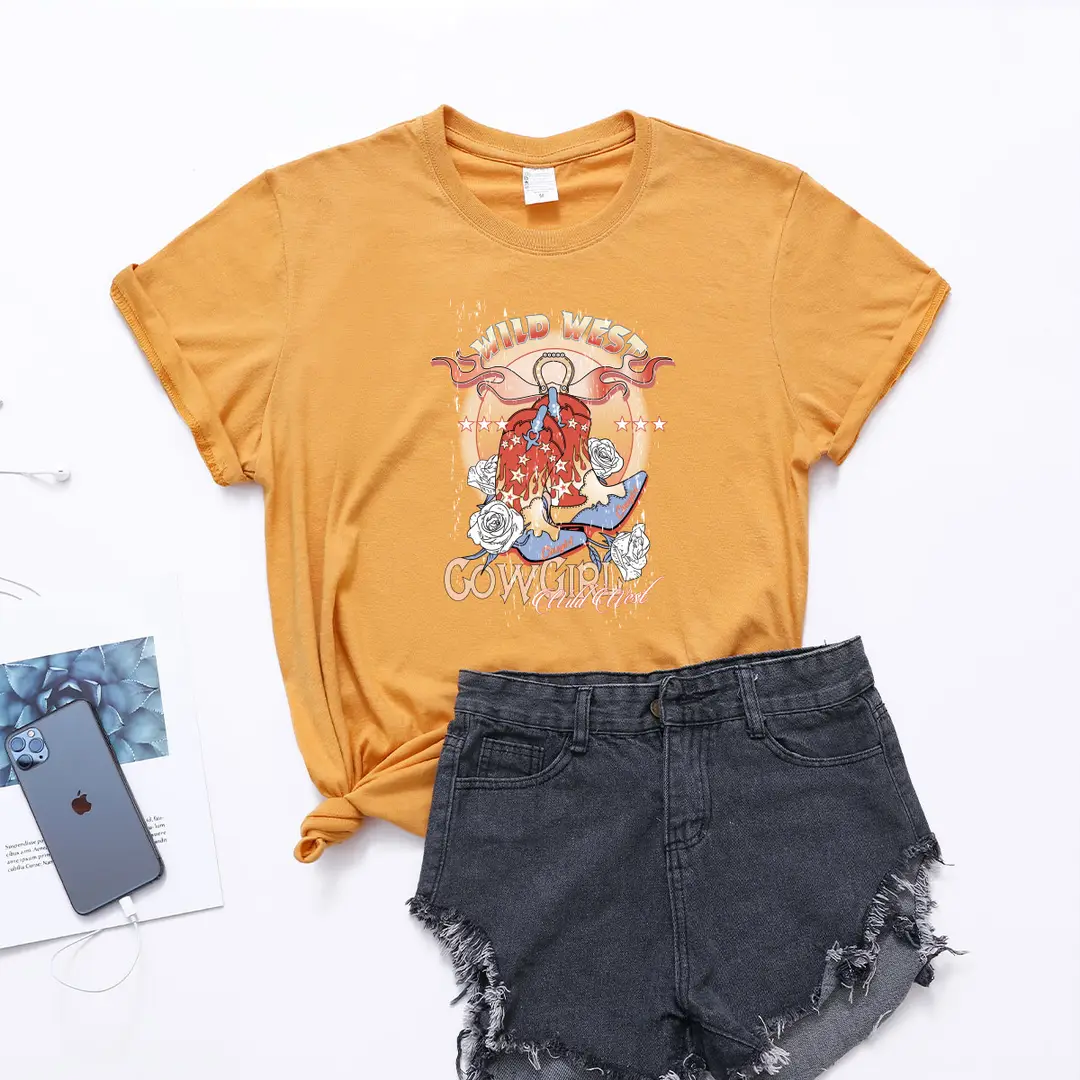 wild west cowgirl European and American wild west Style Women's Casual Large Size T-shirt Women's Short Sleeve Round Neck Top