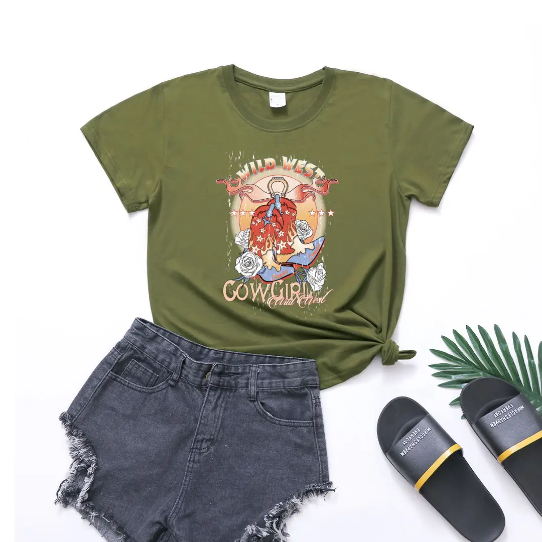 wild west cowgirl European and American wild west Style Women's Casual Large Size T-shirt Women's Short Sleeve Round Neck Top