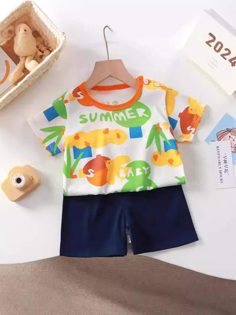 Baby T-Shirt Shorts Set Blue Orange Pure Cotton Boys Summer - Image 35