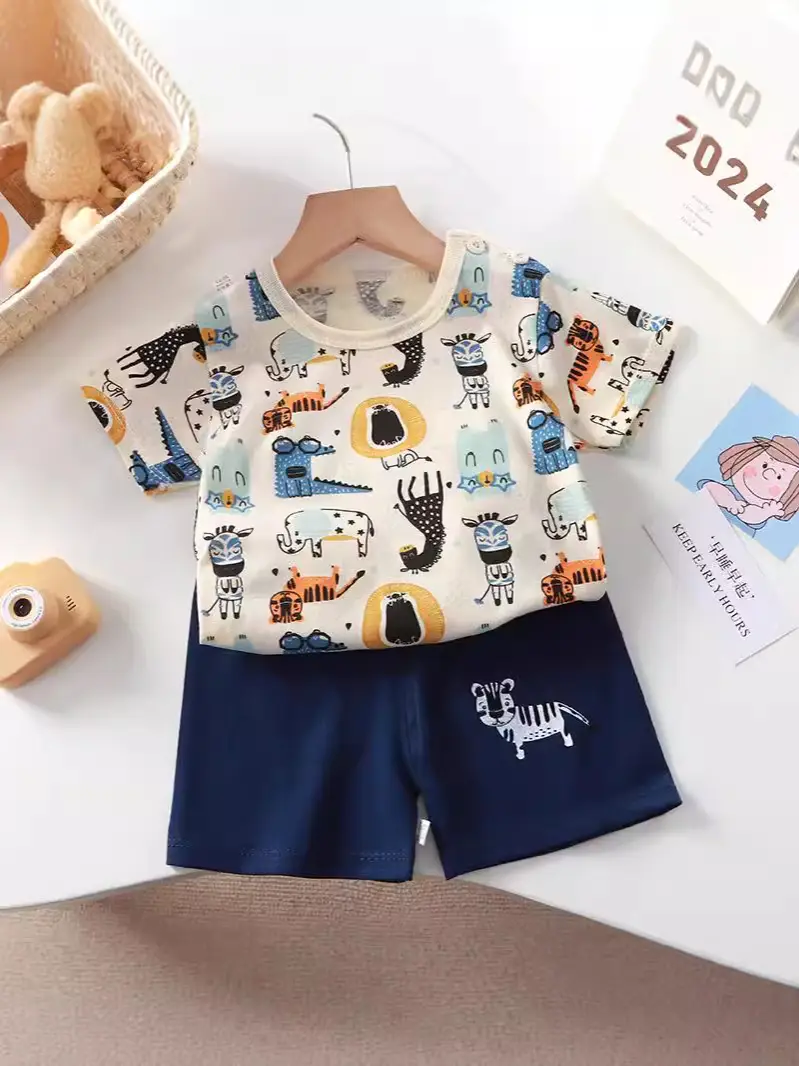 Baby T-Shirt Shorts Set Blue Orange Pure Cotton Boys Summer - Image 36