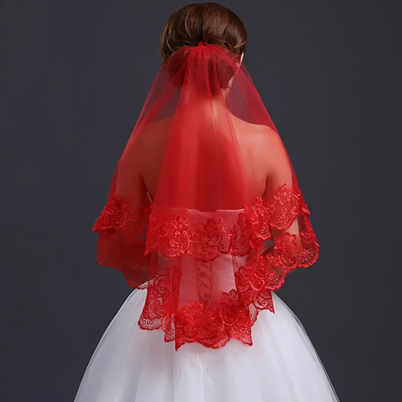 Bridal Veil 1.5m Lace Computer Embroidery Red - Image 3