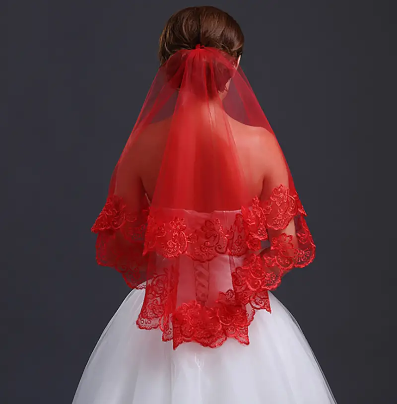 Bridal Veil 1.5m Lace Computer Embroidery Red — feature 5