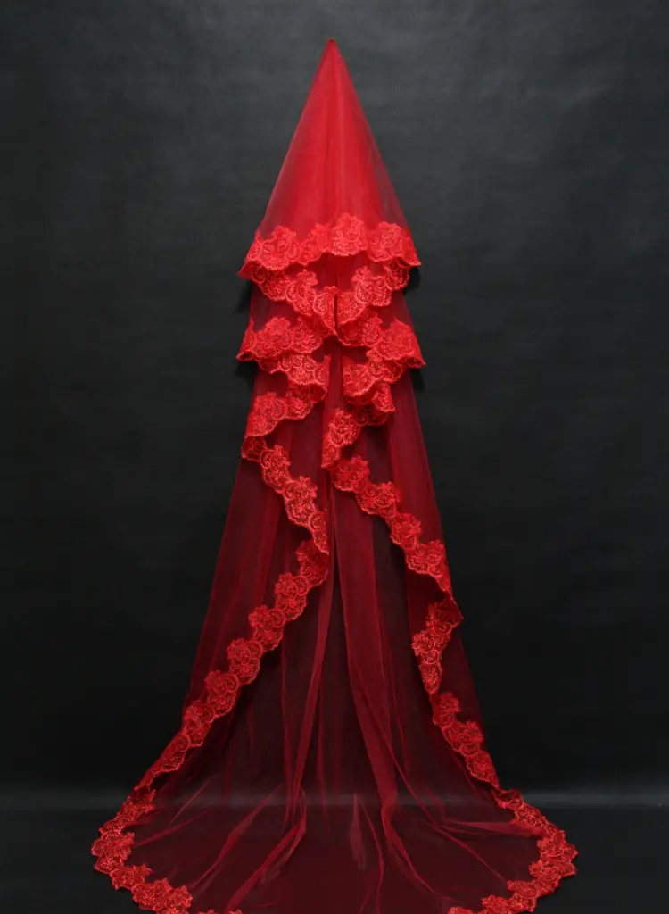 Bridal Veil 1.5m Lace Computer Embroidery Red — feature 8