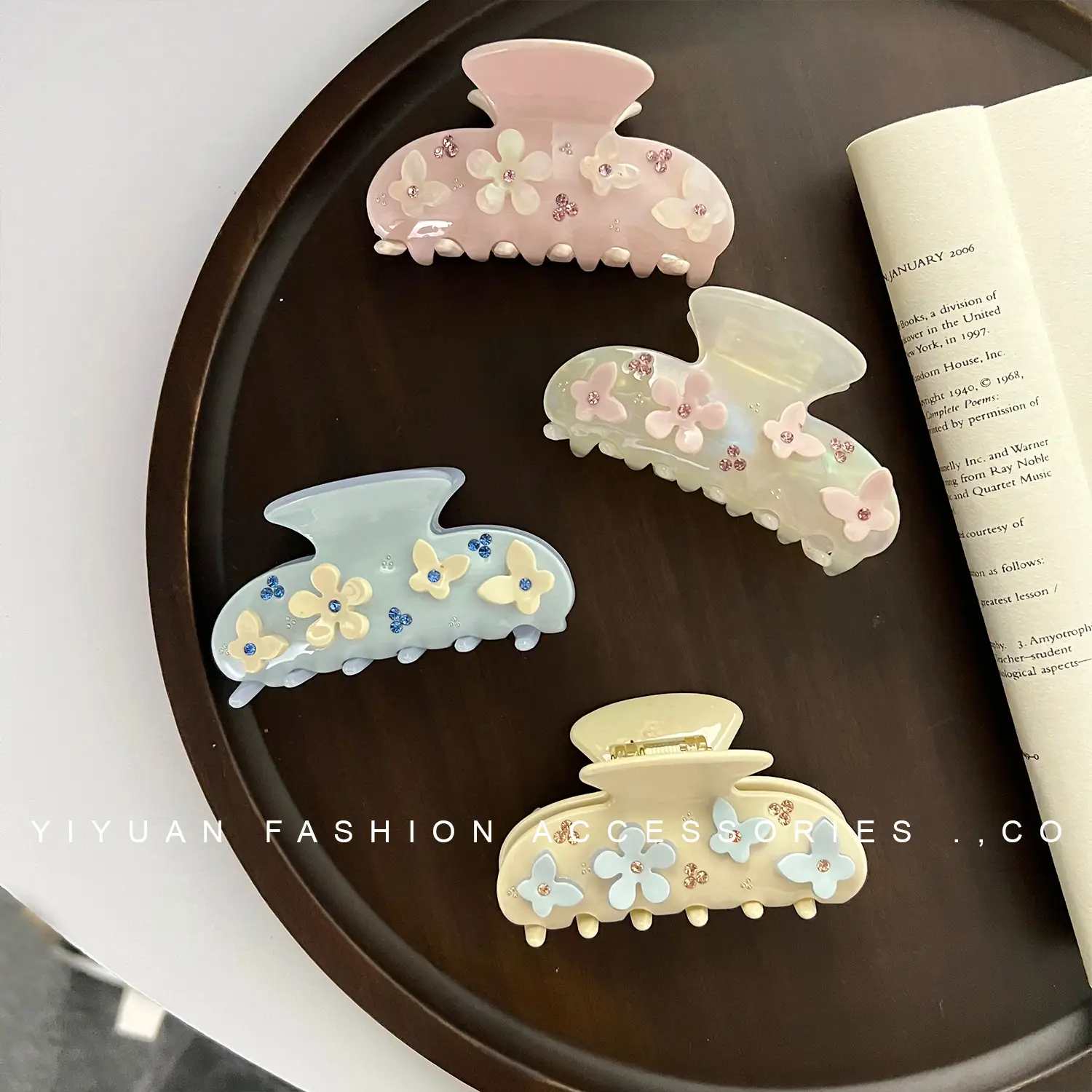 Butterfly Acetic Acid Hair Clip with Diamond Flowers
