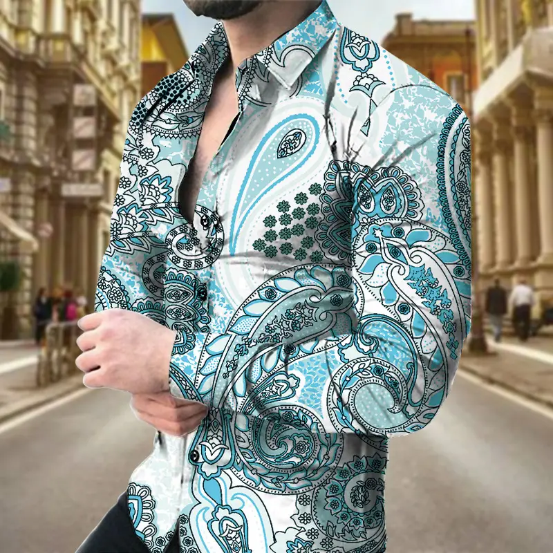 Men Digital Printed Cashew Flower Shirt Black Slim Fit - Image 3