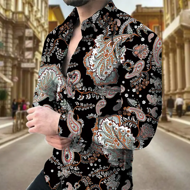 Men Digital Printed Cashew Flower Shirt Black Slim Fit - Image 10