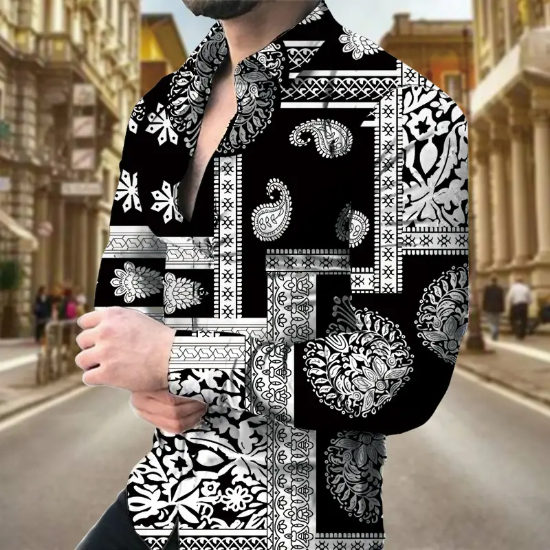 Men Digital Printed Cashew Flower Shirt Black Slim Fit - Image 6