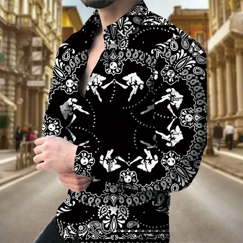 Men Digital Printed Cashew Flower Shirt Black Slim Fit - Image 7