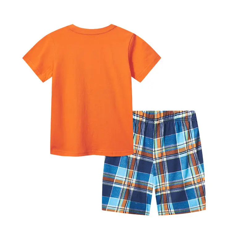 Kids T-Shirt Shorts Set Orange Plaid Cartoon Print - Image 3