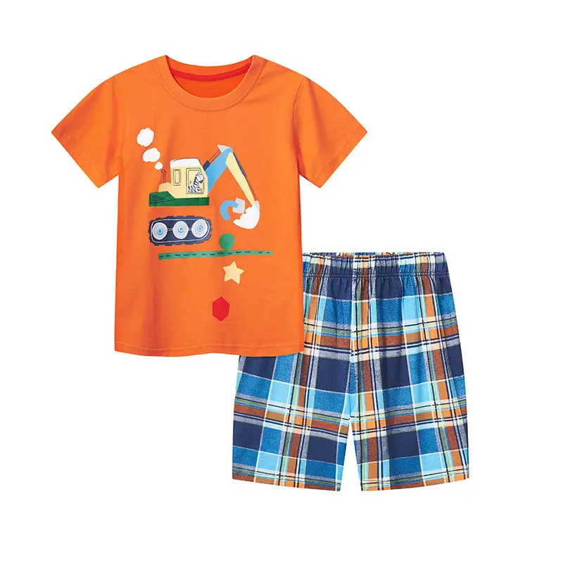 Kids T-Shirt Shorts Set Orange Plaid Cartoon Print - Image 6