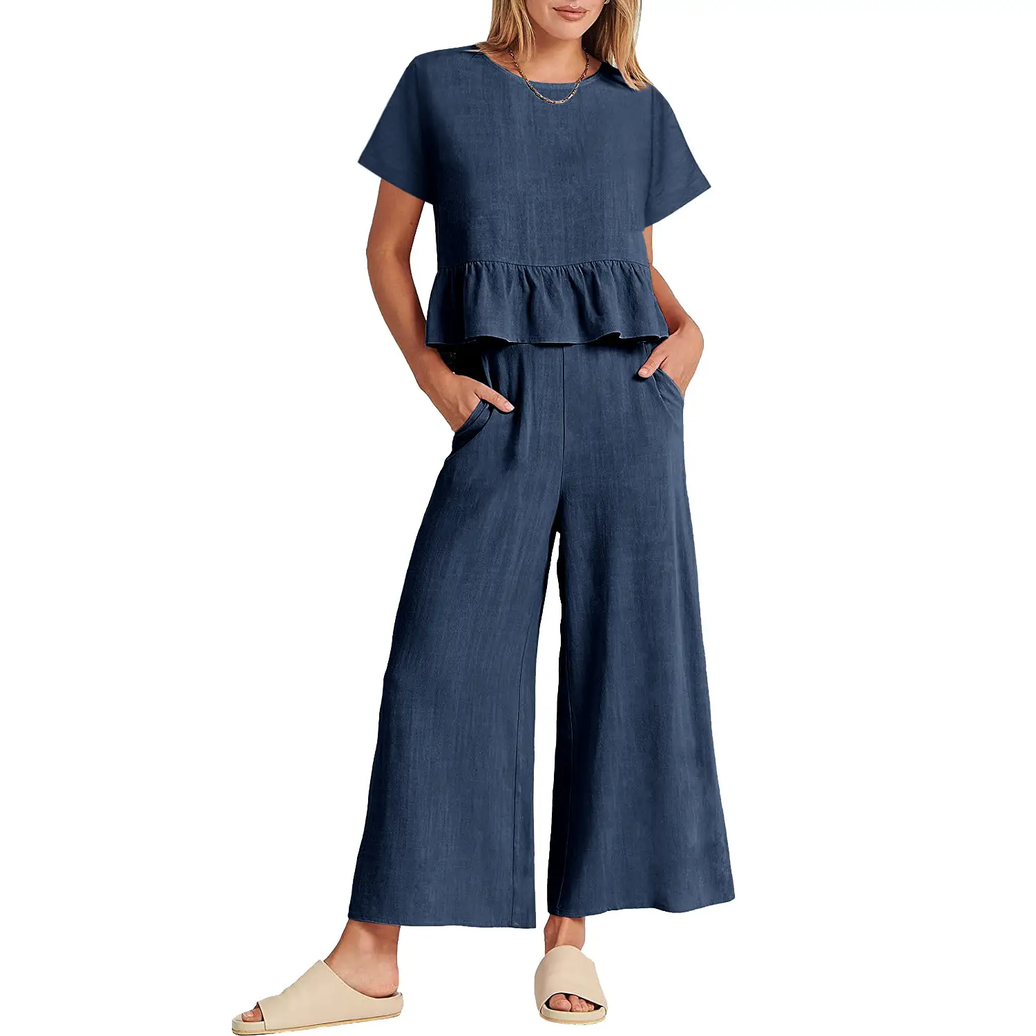 Women's 2023 Summer Brown Pleated Top & Wide Leg Pants Set - Image 10
