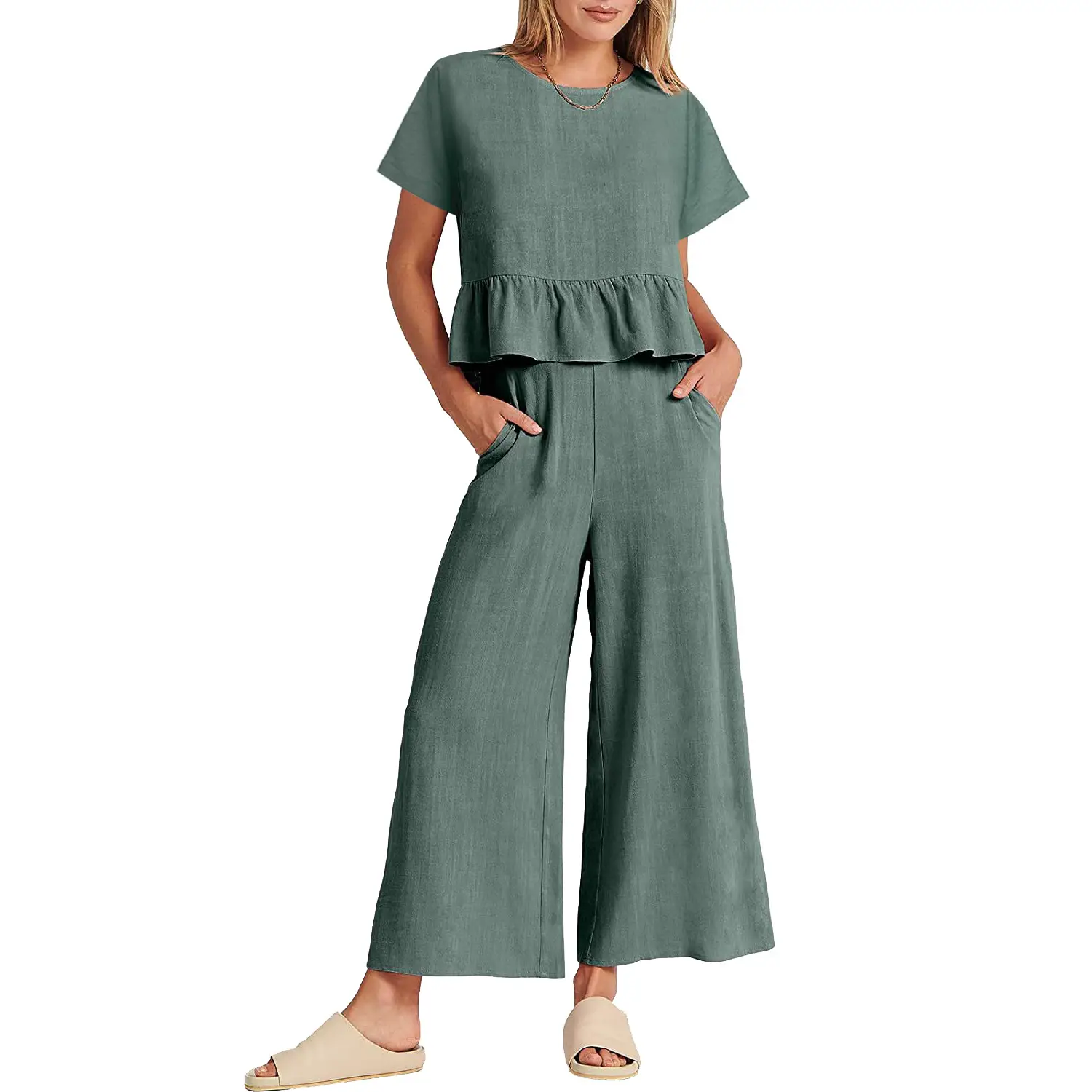 Women's 2023 Summer Brown Pleated Top & Wide Leg Pants Set - Image 11