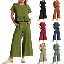 Women's 2023 Summer Brown Pleated Top & Wide Leg Pants Set — feature 13