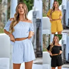 Women's 2023 Summer Brown Pleated Top & Wide Leg Pants Set — feature 5