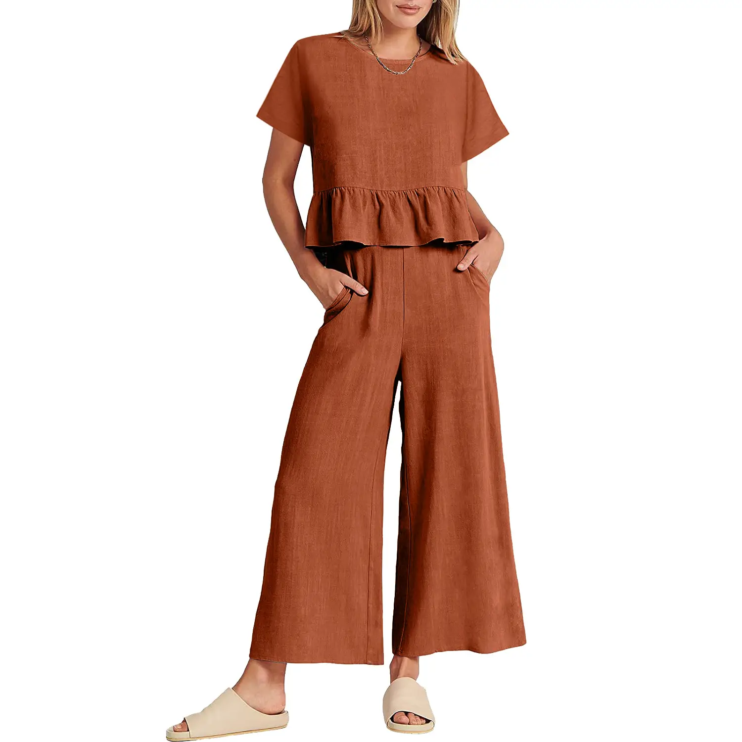 Women's 2023 Summer Brown Pleated Top & Wide Leg Pants Set - Image 3