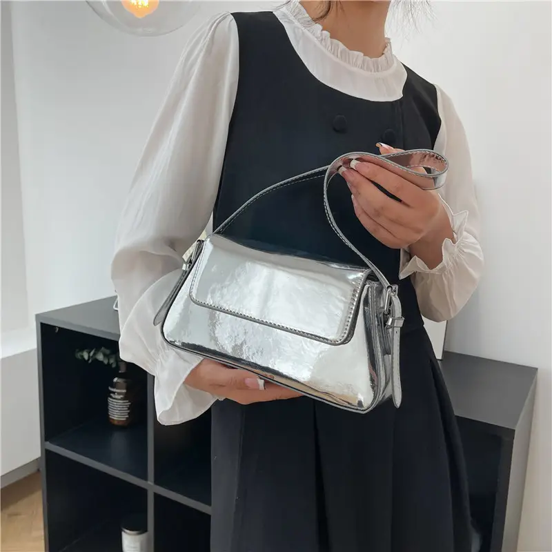 Silver Metallic Messenger Bag for Women Spring Summer 2023 - Image 3