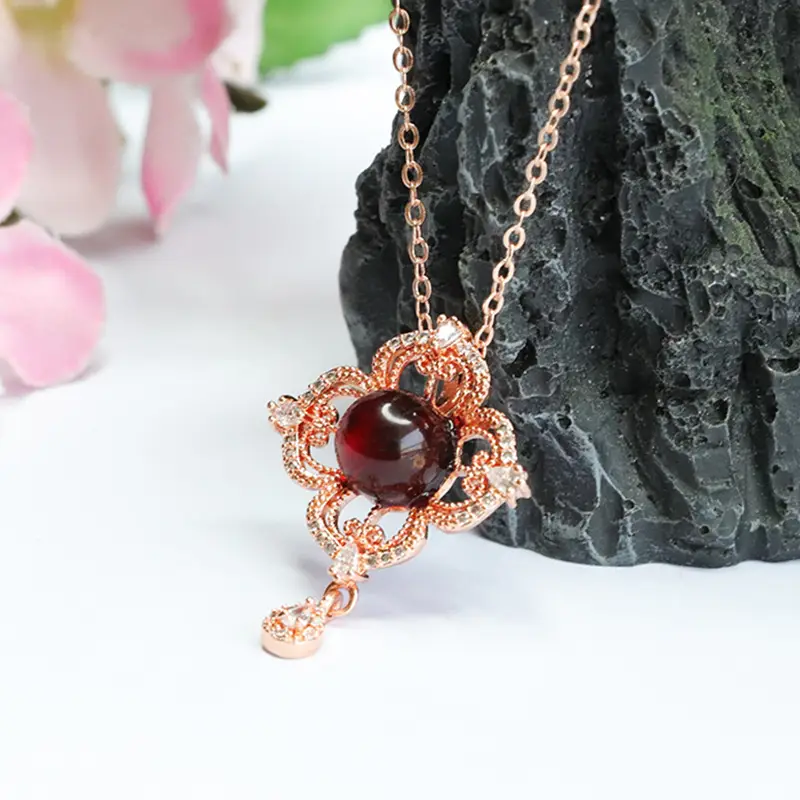 Natural Amber Hollow Flower Necklace for Women - Image 3