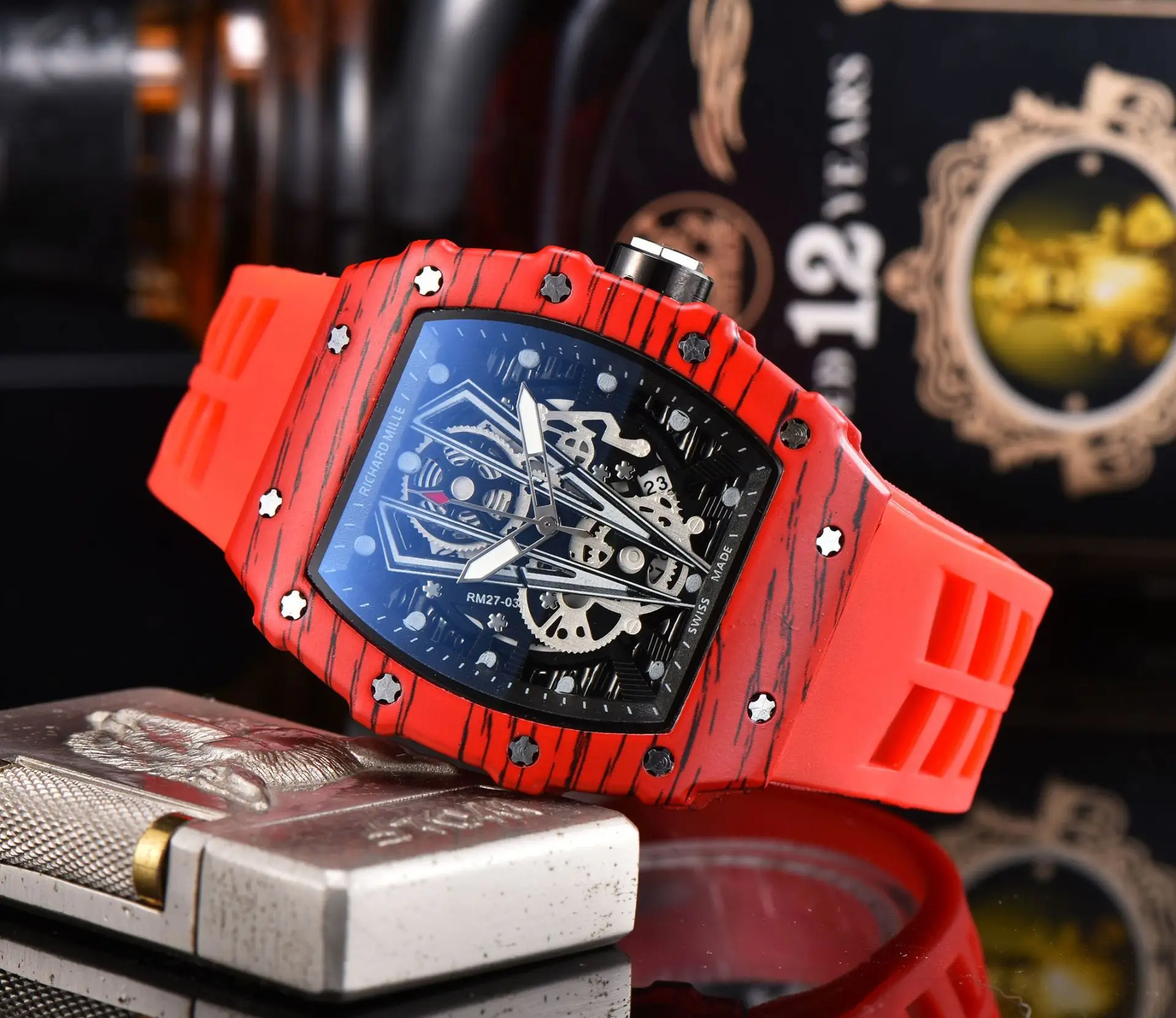 Richard Red Blue Skeleton Watch with Diamond Accents - Image 2