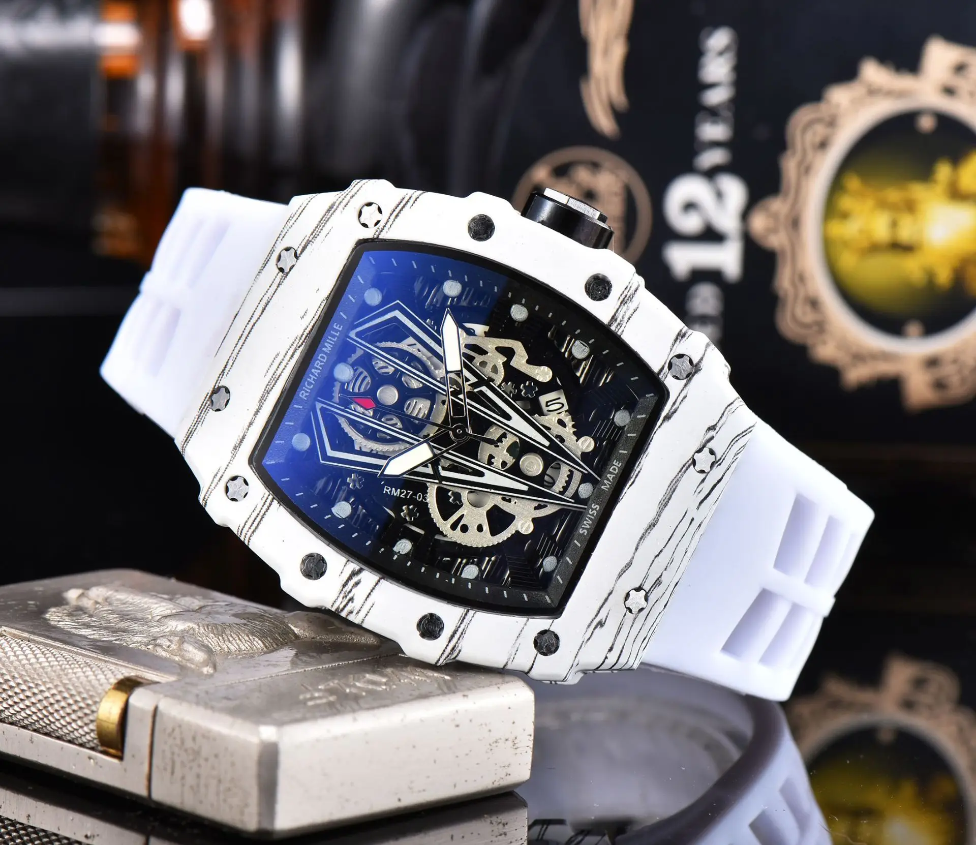 Richard Red Blue Skeleton Watch with Diamond Accents - Image 3