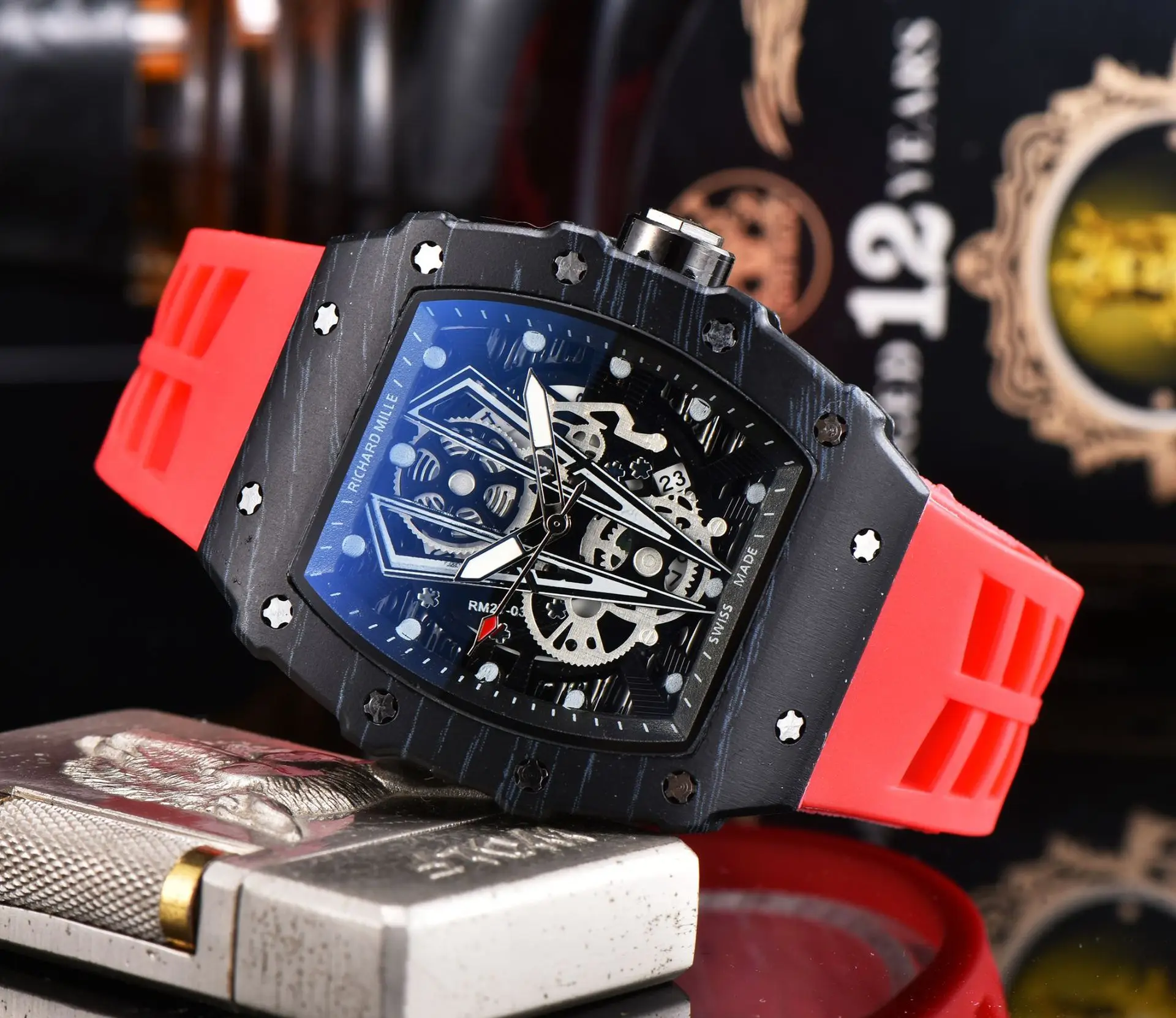 Richard Red Blue Skeleton Watch with Diamond Accents - Image 4