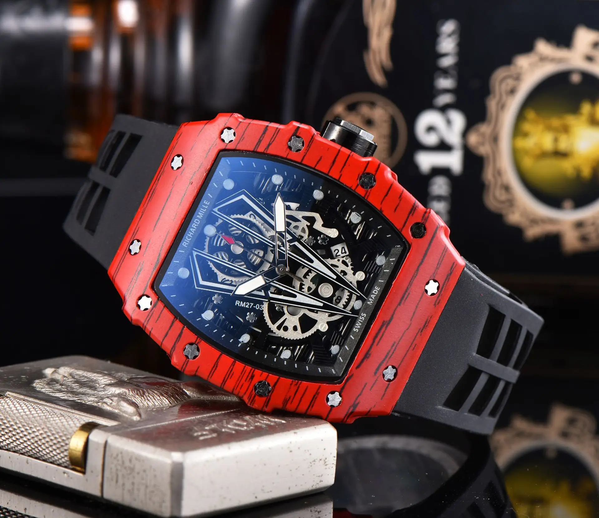 Richard Red Blue Skeleton Watch with Diamond Accents - Image 6