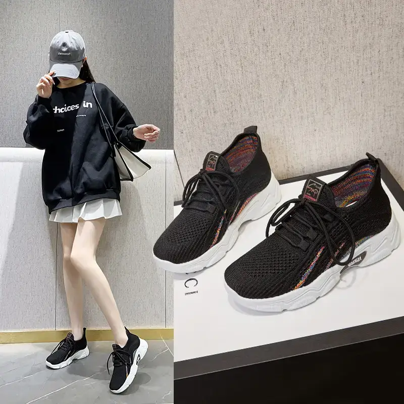 Women Korean Style Breathable Flyknit Sports Shoes Black White - Image 5