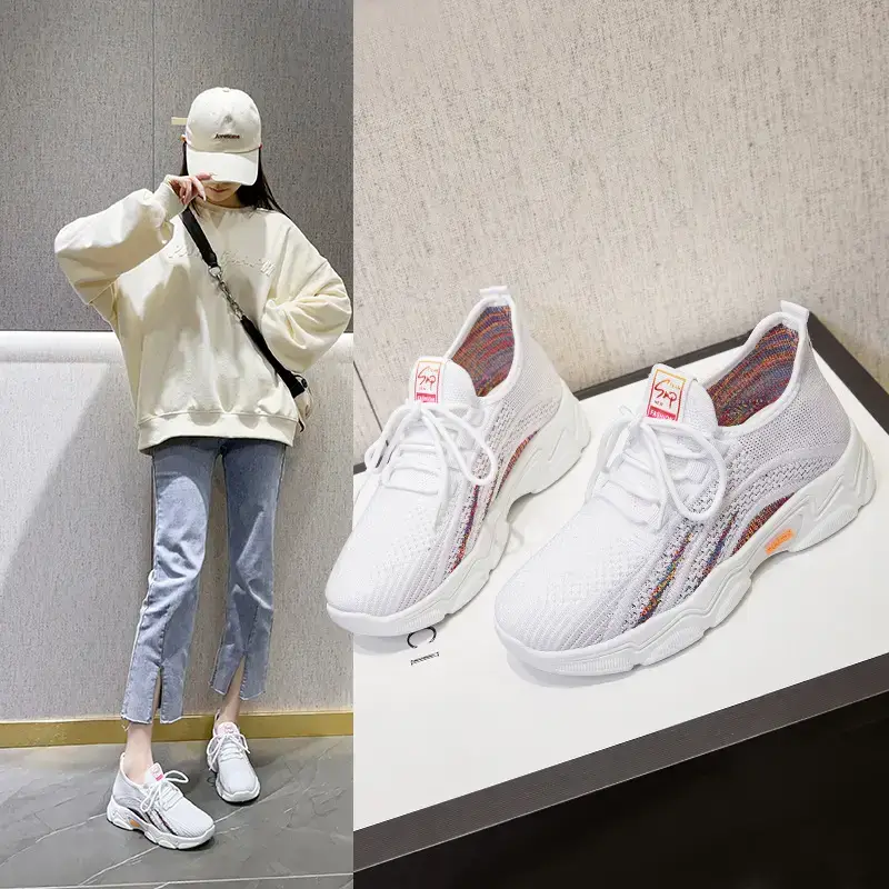 Women Korean Style Breathable Flyknit Sports Shoes Black White - Image 6