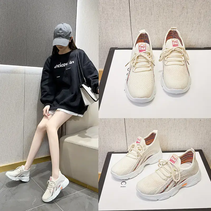 Women Korean Style Breathable Flyknit Sports Shoes Black White - Image 7