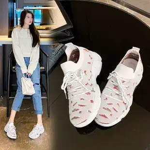 Women Korean Style Breathable Flyknit Sports Shoes Black White — feature 5