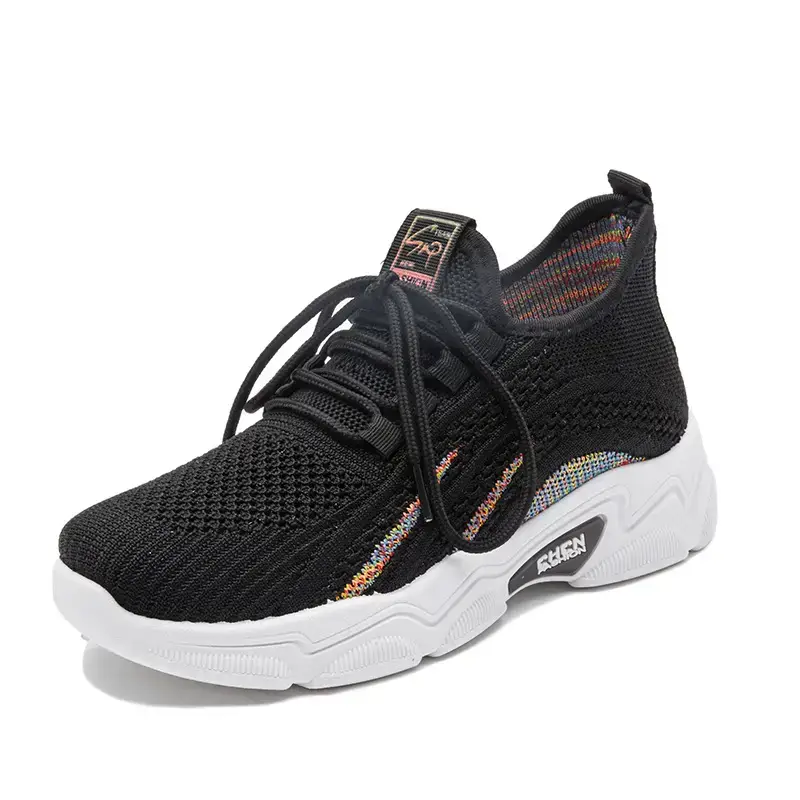 Women Korean Style Breathable Flyknit Sports Shoes Black White - Image 2