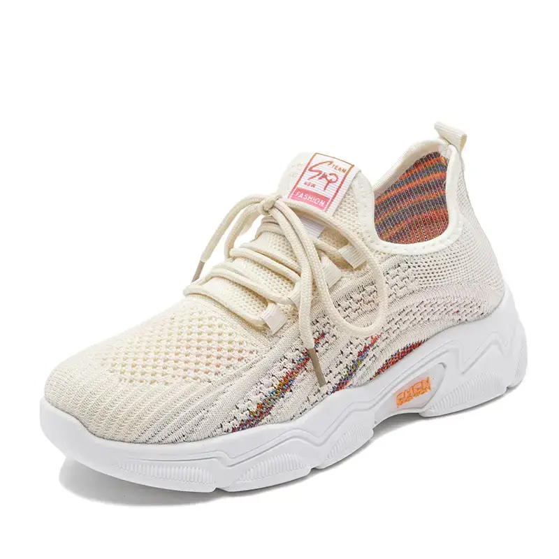 Women Korean Style Breathable Flyknit Sports Shoes Black White - Image 3