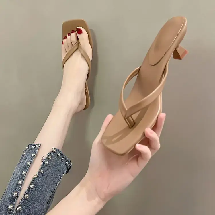 Women Square Toed Mid Heel Slippers White