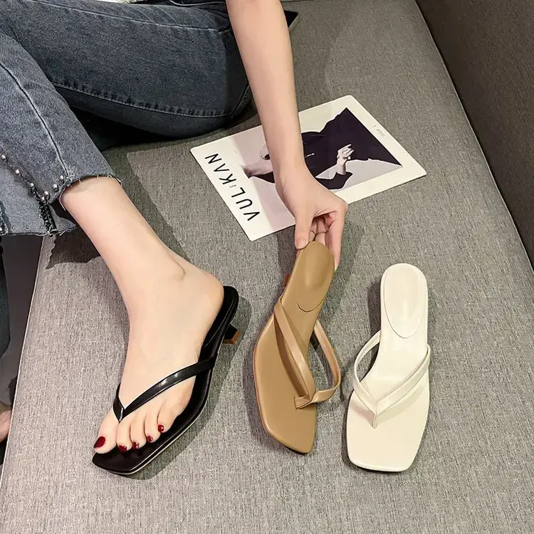 Women Square Toed Mid Heel Slippers White
