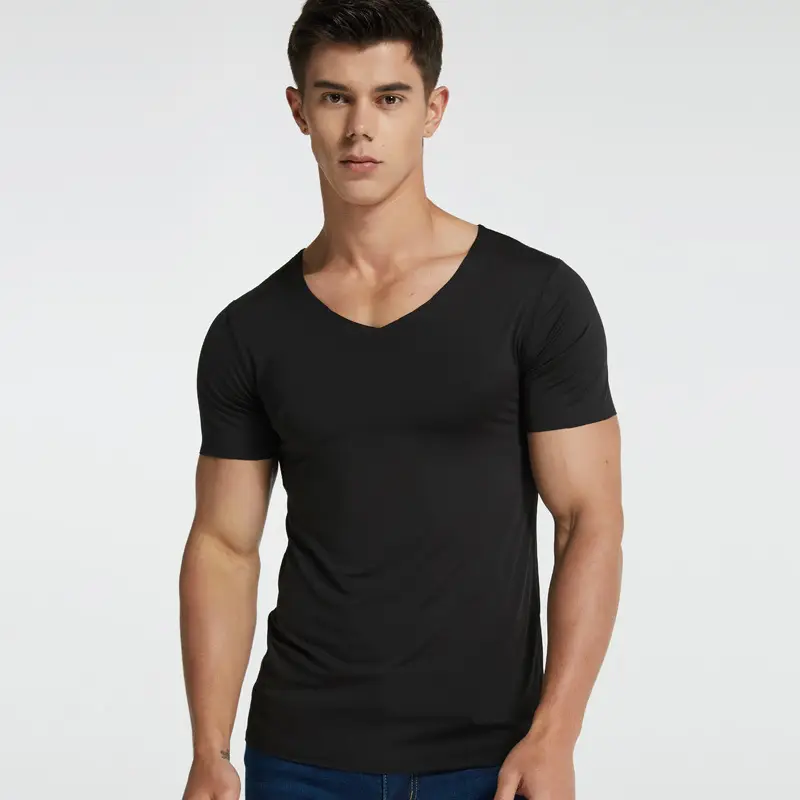 Men's White Ice Silk Slim Fit V-Neck T-Shirt - Image 16
