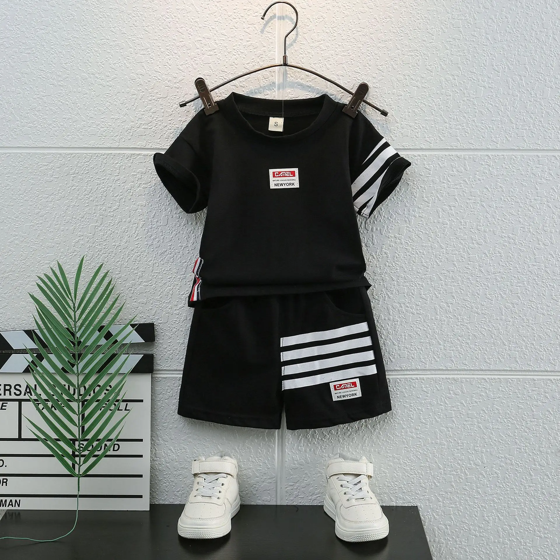 Children Cotton Shorts Set Black White Stripes Summer - Image 3