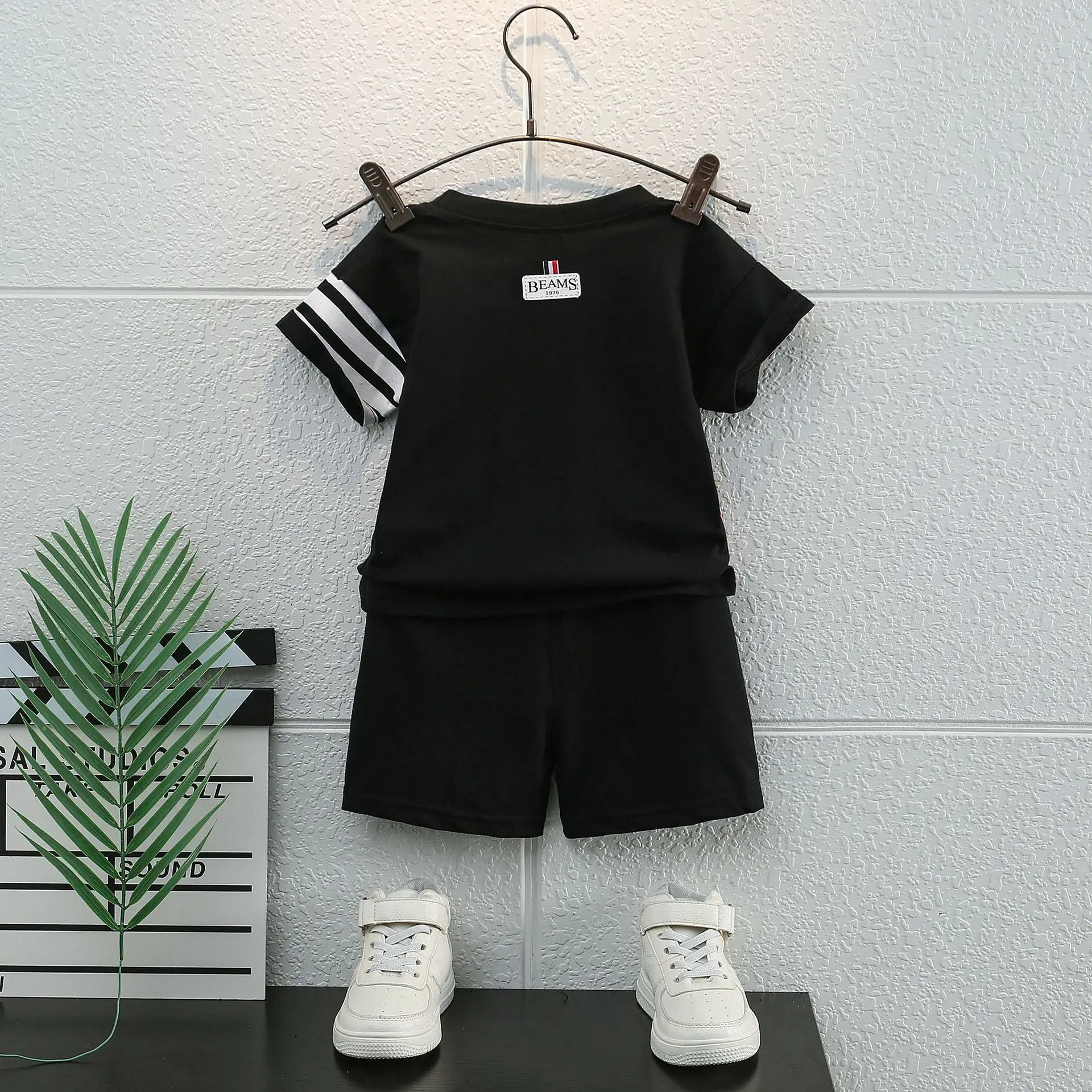Children Cotton Shorts Set Black White Stripes Summer - Image 4