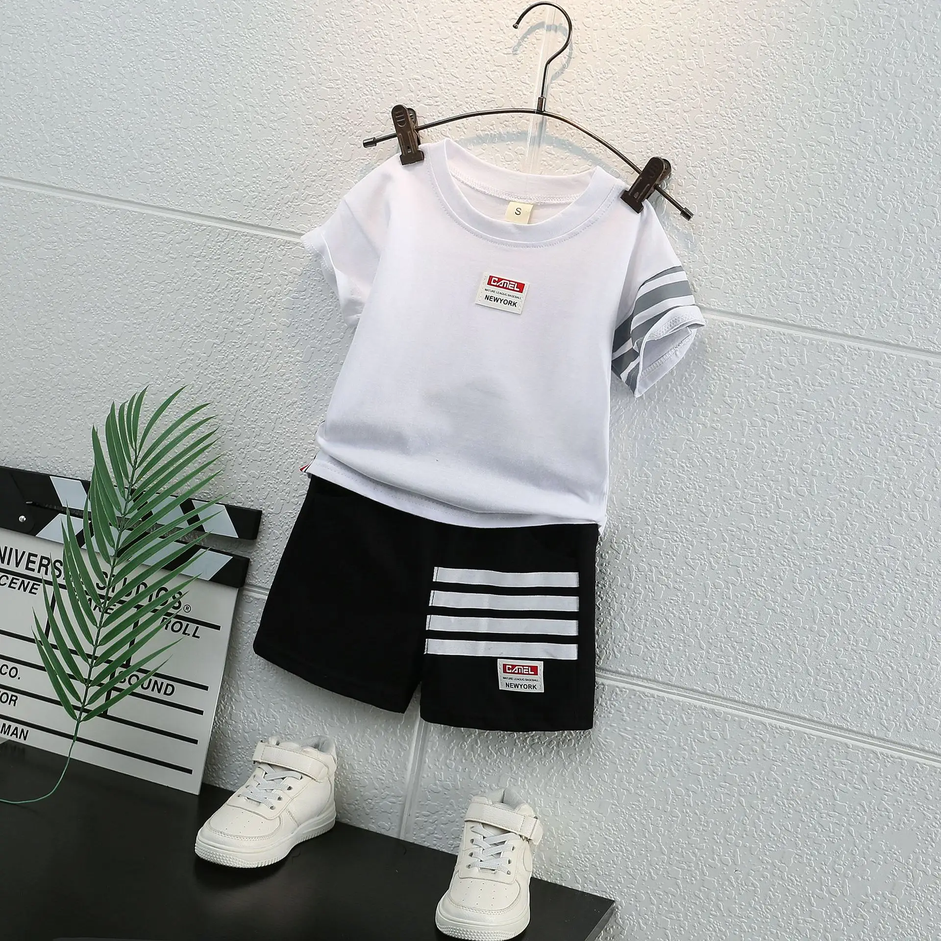 Children Cotton Shorts Set Black White Stripes Summer - Image 6
