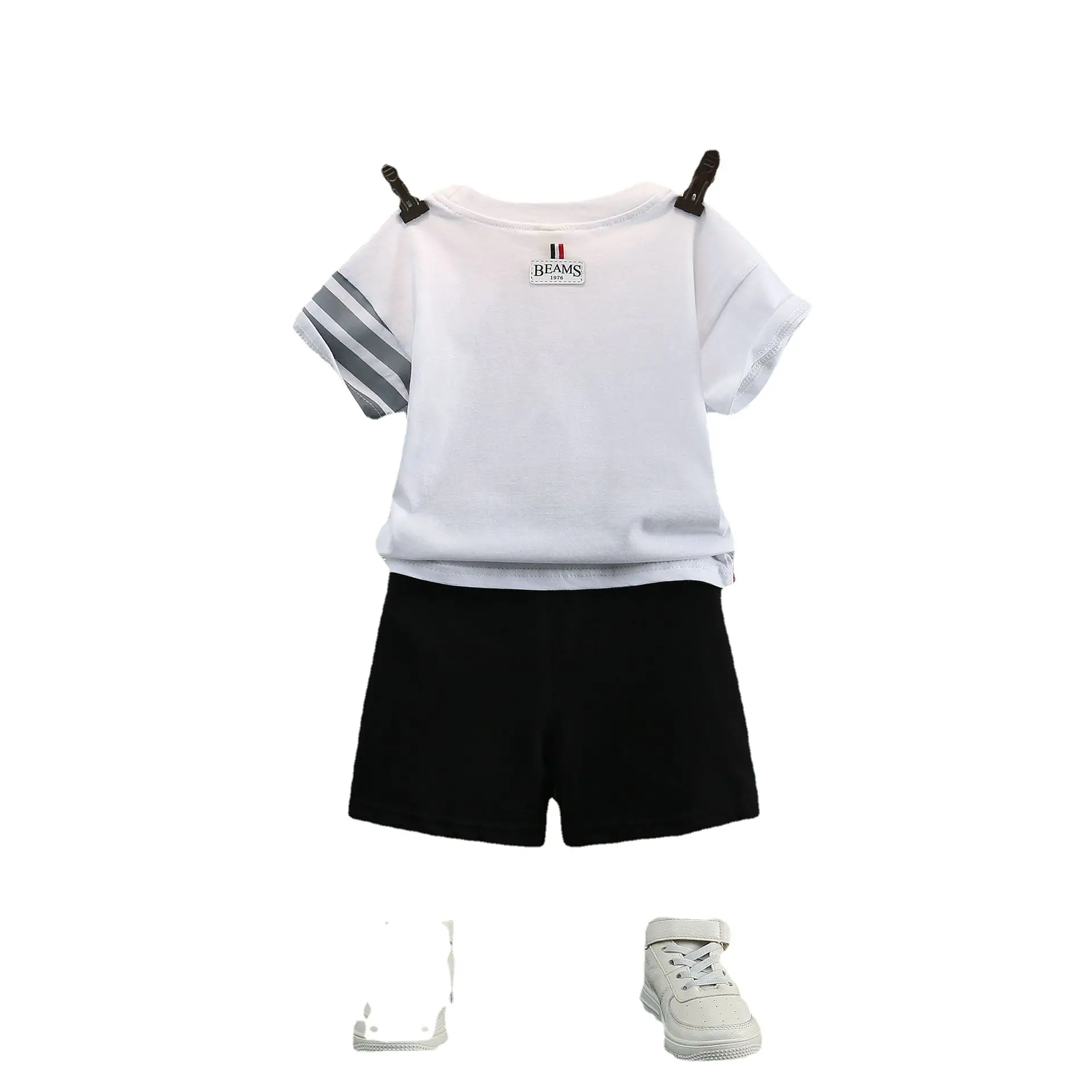 Children Cotton Shorts Set Black White Stripes Summer - Image 7