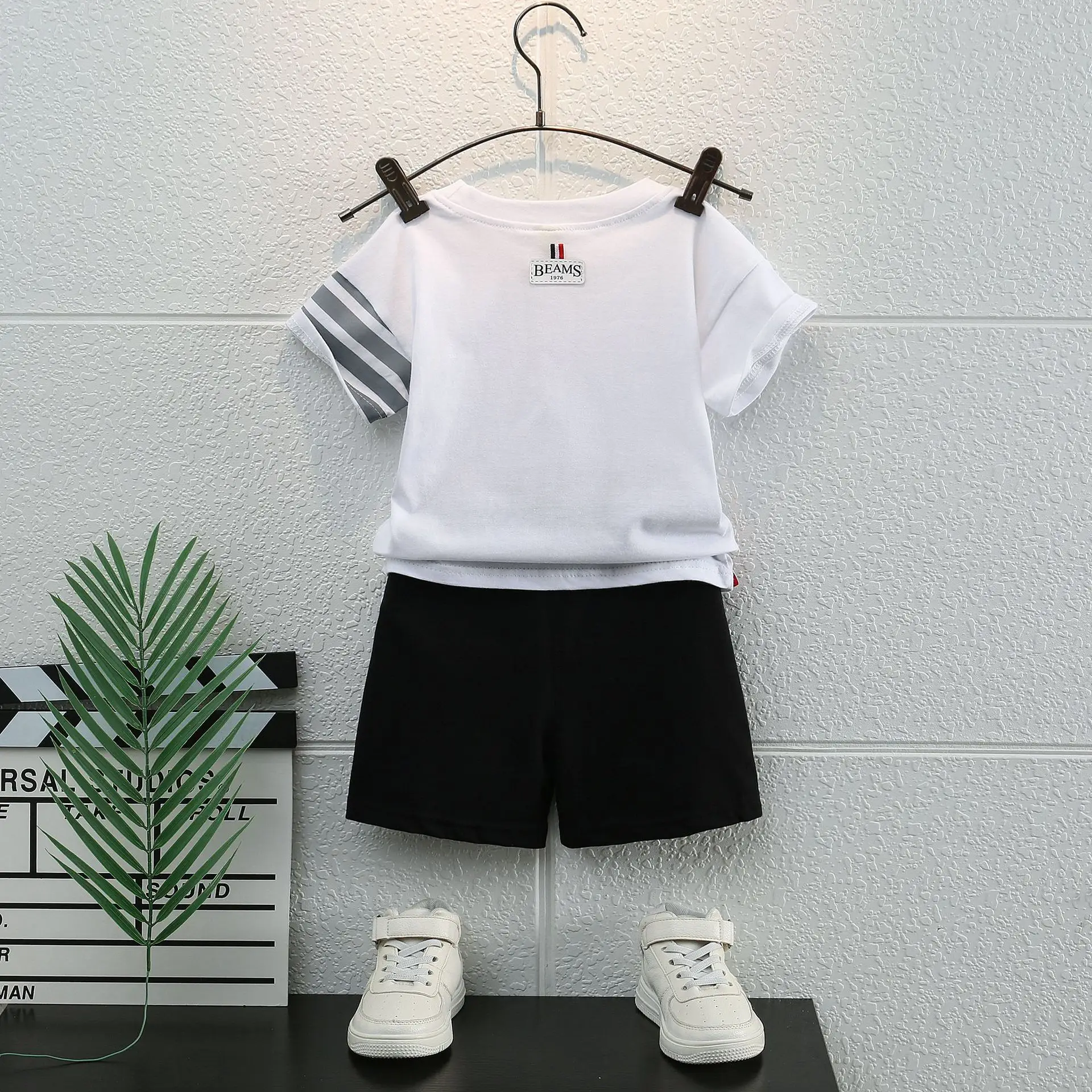 Children Cotton Shorts Set Black White Stripes Summer — feature 4