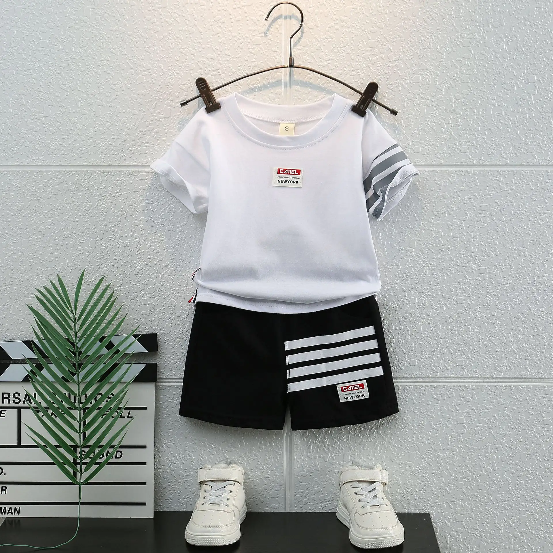 Children Cotton Shorts Set Black White Stripes Summer - Image 2
