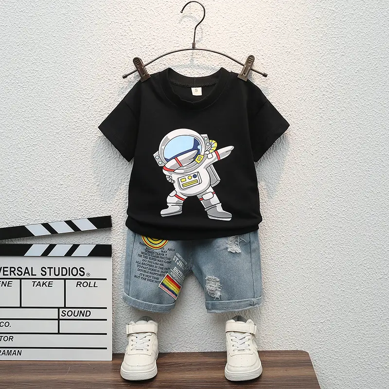 Children Space Aesthetic T-Shirt & Shorts Set Black Cotton Summer - Image 2