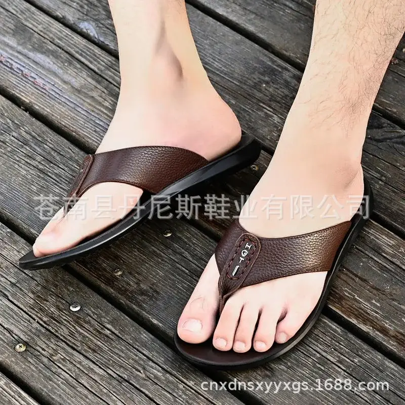 Korean Style Genuine Leather Flip Flops for Men