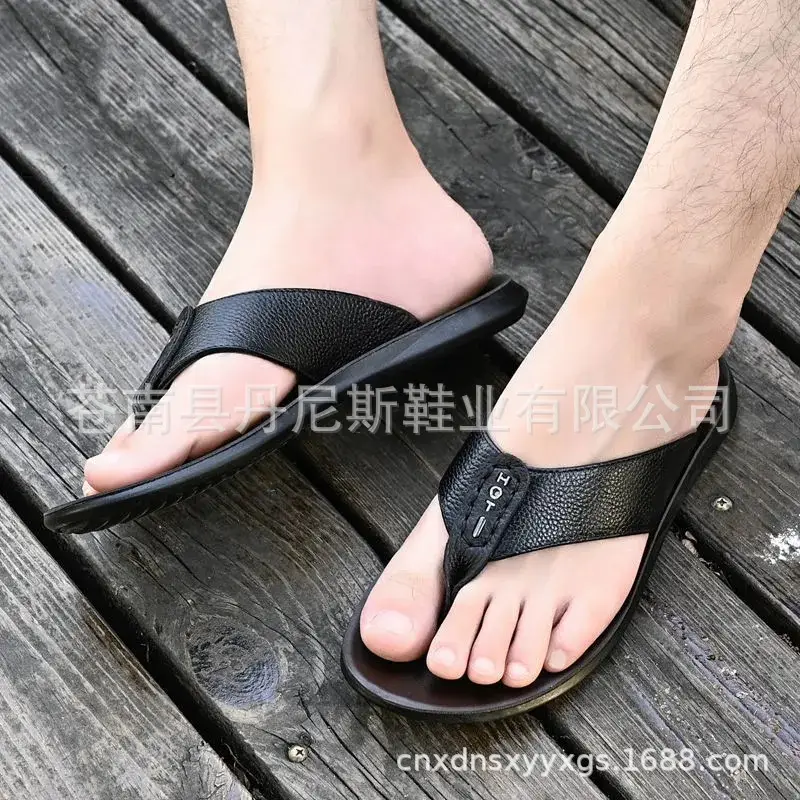 Korean Style Genuine Leather Flip Flops for Men